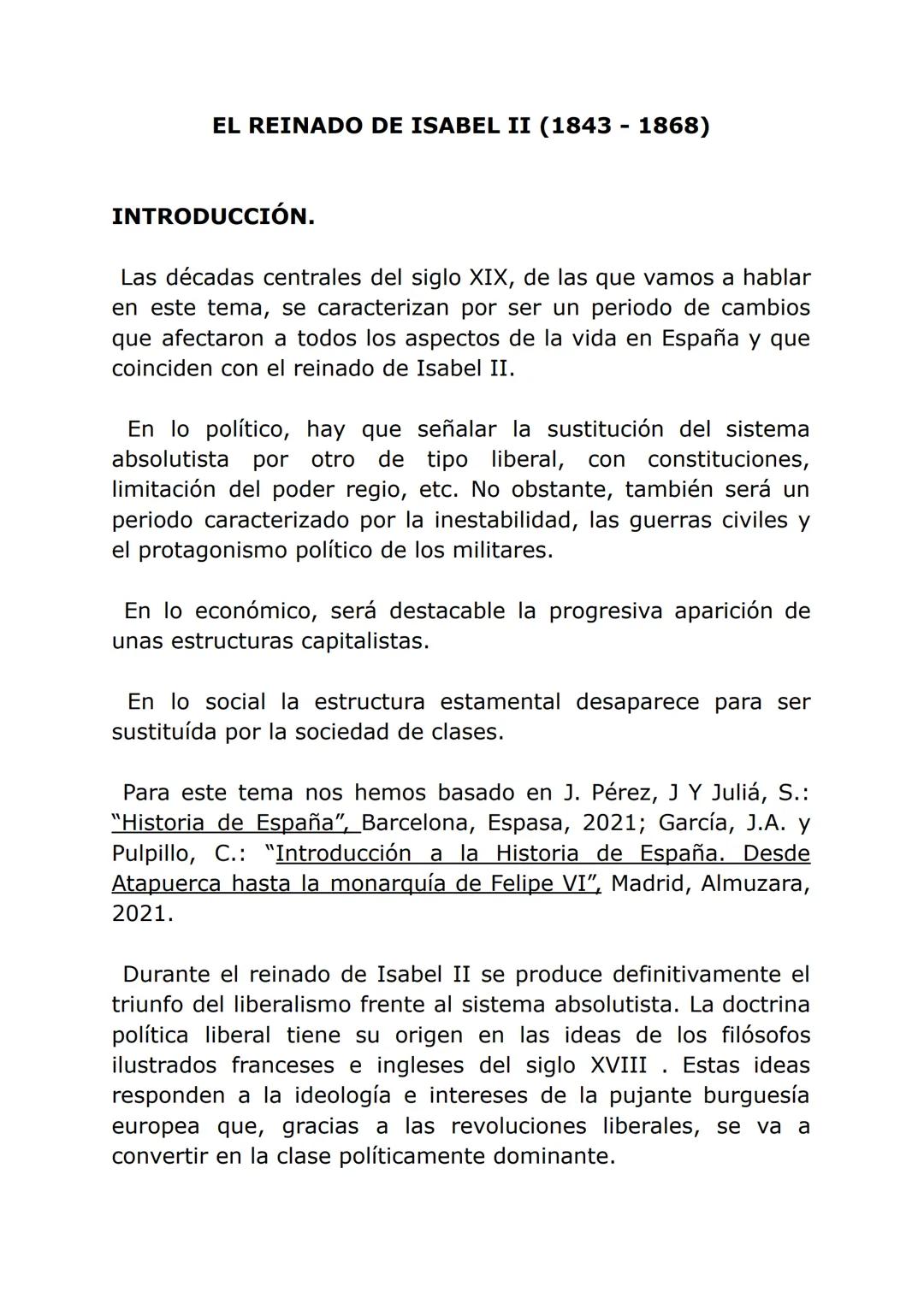 EL REINADO DE ISABEL II (1843 - 1868)
INTRODUCCIÓN.
Las décadas centrales del siglo XIX, de las que vamos a hablar
en este tema, se caracter
