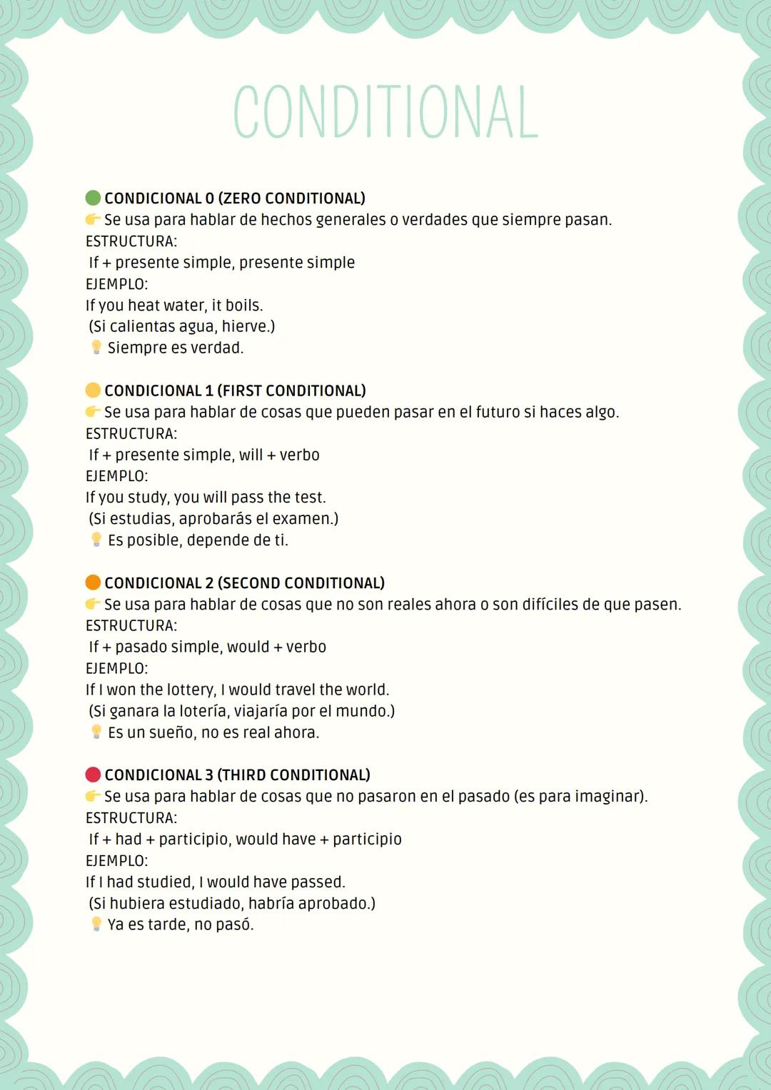 --- OCR Start ---
CONDITIONAL
CONDICIONAL O (ZERO CONDITIONAL)
Se usa para hablar de hechos generales o verdades que siempre pasan.
ESTRUCTU