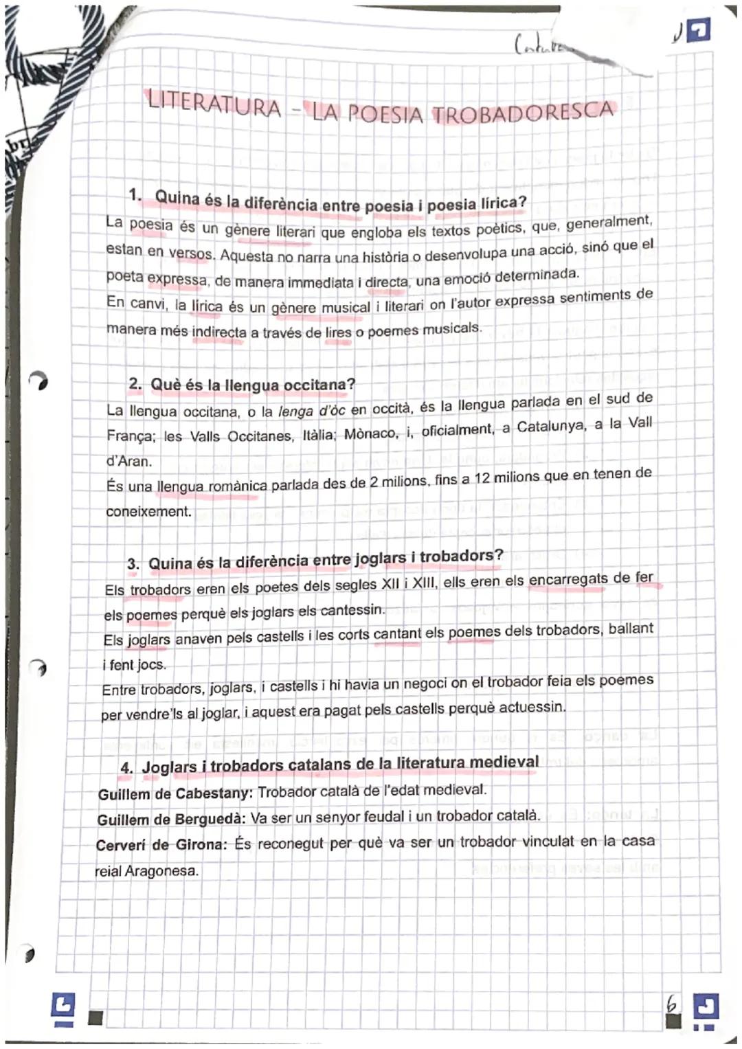 # Conturo

# LITERATURA - LA POESIA TROBADORESCA

1. Quina és la diferència entre poesia i poesia lírica?

La poesia és un gènere literari q