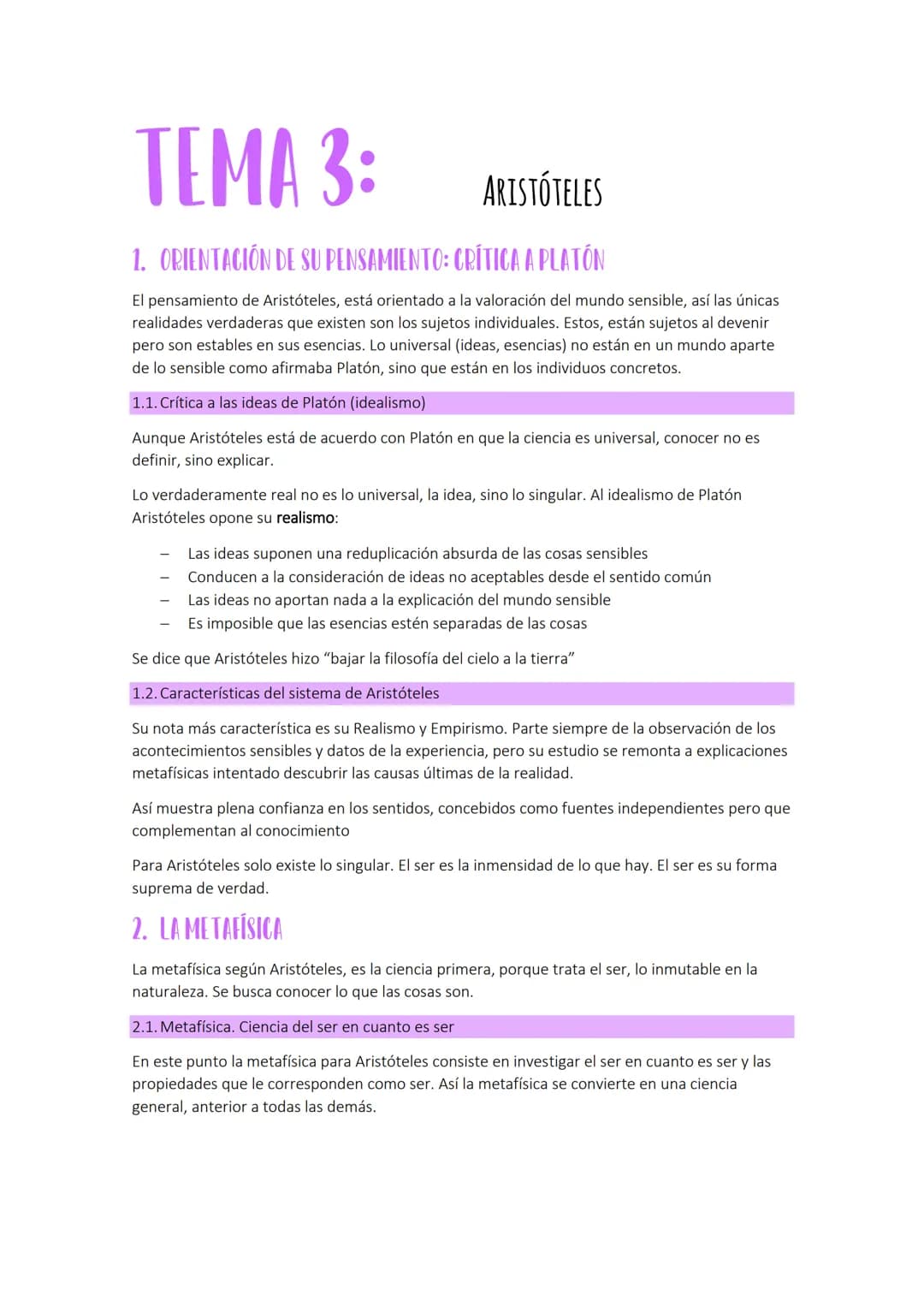 TEMA 3:
ARISTÓTELES
1. ORIENTACIÓN DE SU PENSAMIENTO: CRÍTICA A PLATÓN
El pensamiento de Aristóteles, está orientado a la valoración del mun