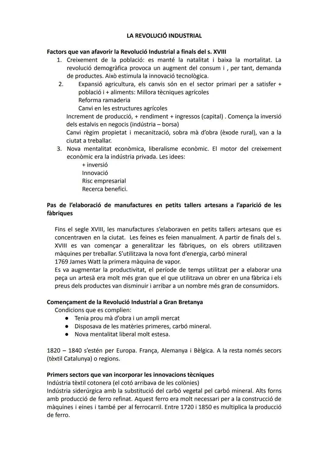 LA REVOLUCIÓ INDUSTRIAL
Factors que van afavorir la Revolució Industrial a finals del s. XVIII
1. Creixement de la població: es manté la nat