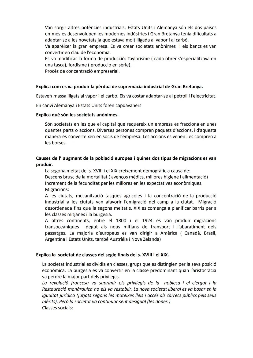 LA REVOLUCIÓ INDUSTRIAL
Factors que van afavorir la Revolució Industrial a finals del s. XVIII
1. Creixement de la població: es manté la nat