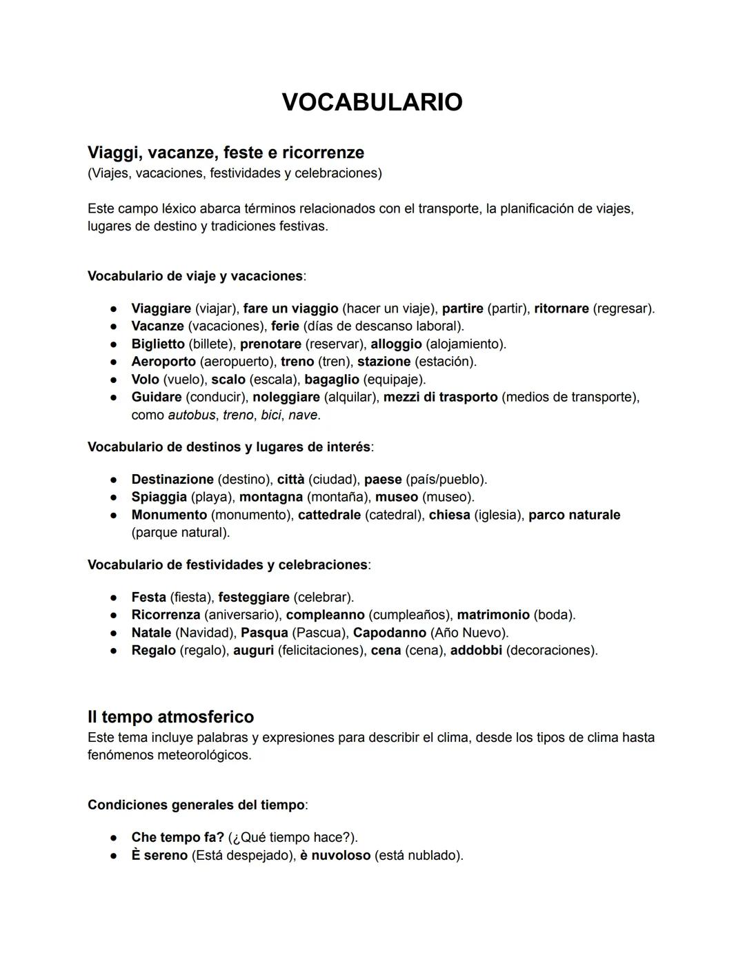 --- OCR Start ---
VOCABULARIO
Viaggi, vacanze, feste e ricorrenze
(Viajes, vacaciones, festividades y celebraciones)
Este campo léxico abarc