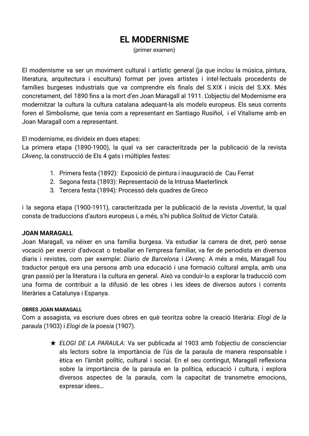 # EL MODERNISME
(primer examen)

El modernisme va ser un moviment cultural i artístic general (ja que inclou la música, pintura,
literatura,