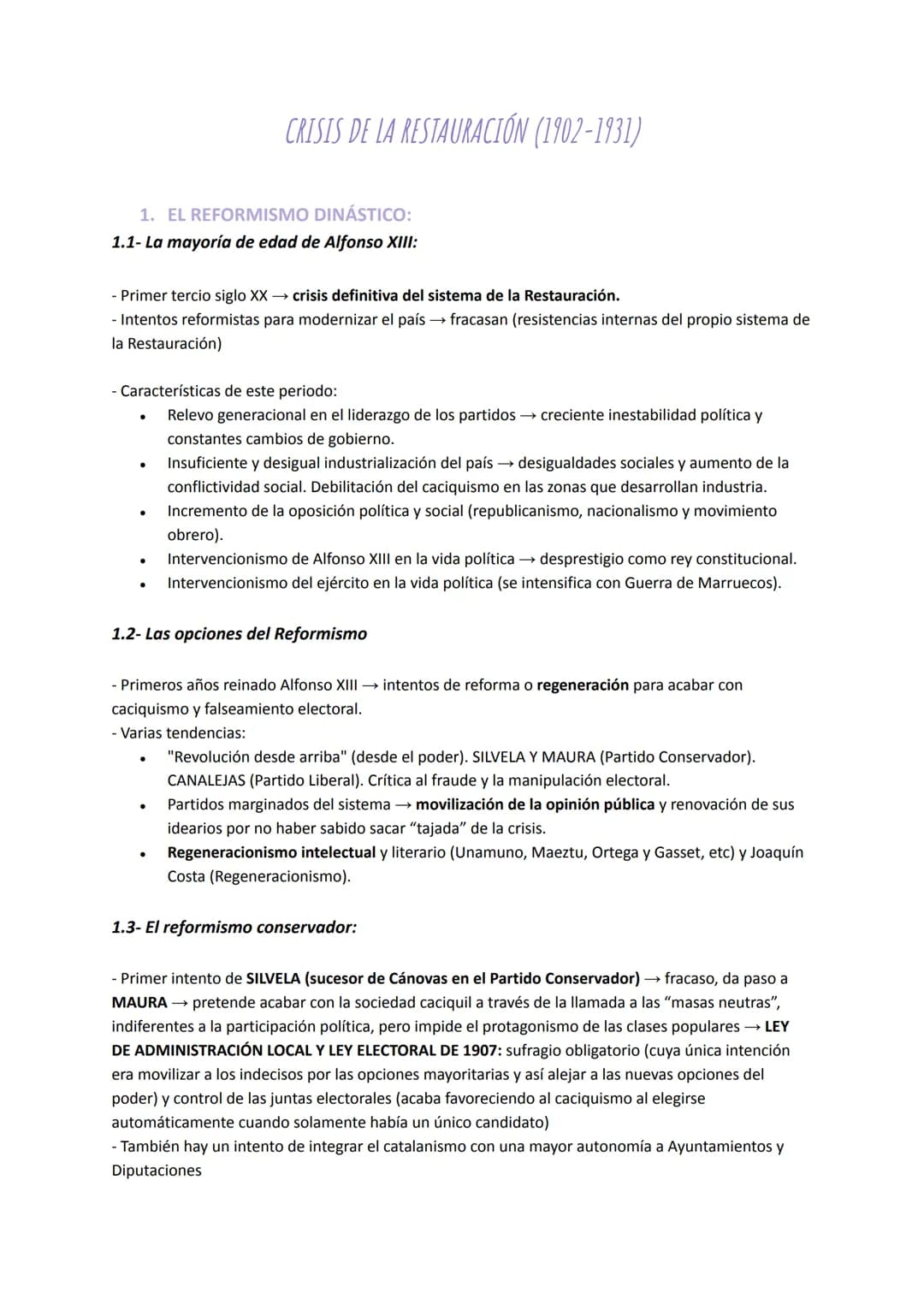 1. EL REFORMISMO DINÁSTICO:
1.1- La mayoría de edad de Alfonso XIII:
- Primer tercio siglo XX→ crisis definitiva del sistema de la Restaurac