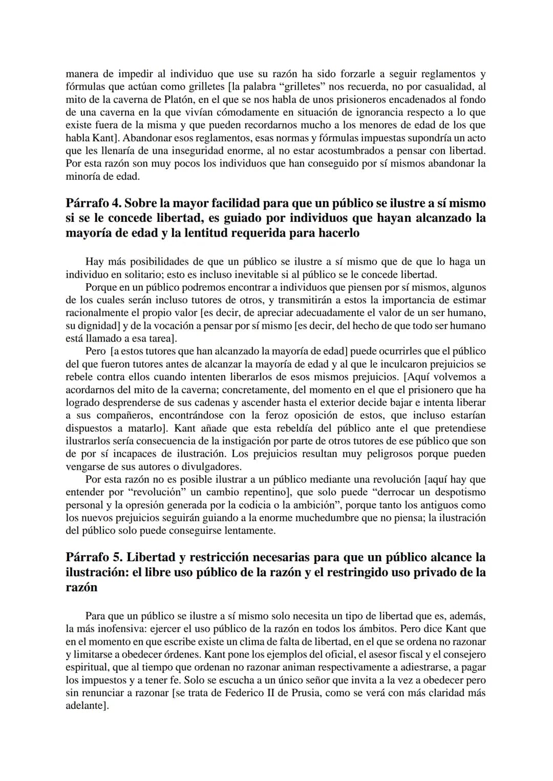 Resumen del texto de Kant
Contestación a la pregunta ¿Qué es la ilustración?
Párrafo 1. Definición y lema de la Ilustración: abandono de la 