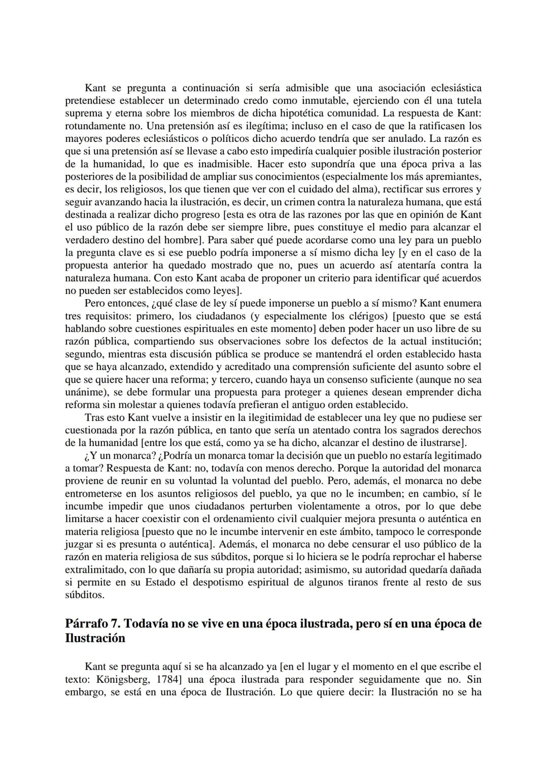 Resumen del texto de Kant
Contestación a la pregunta ¿Qué es la ilustración?
Párrafo 1. Definición y lema de la Ilustración: abandono de la 