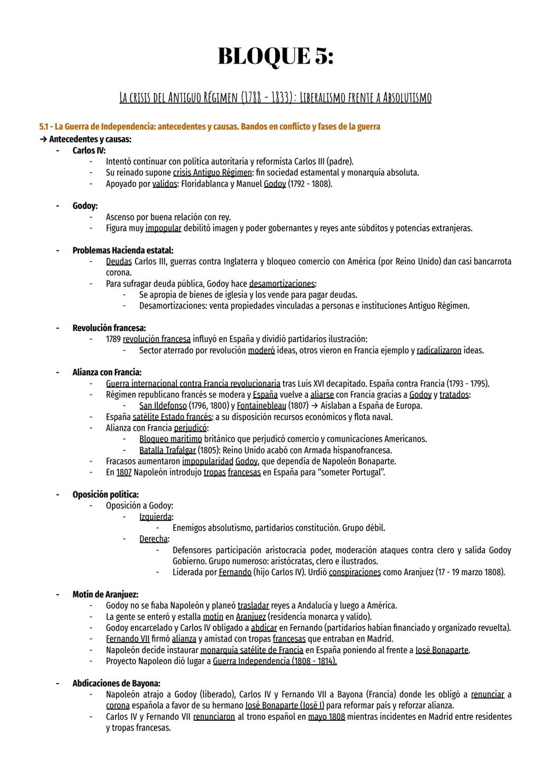 BLOQUE 5:
LA CRISIS DEL ANTIGUO RÉGIMEN (1788 - 1833): LIBERALISMO FRENTE A ABSOLUTISMO
5.1 - La Guerra de Independencia: antecedentes y cau