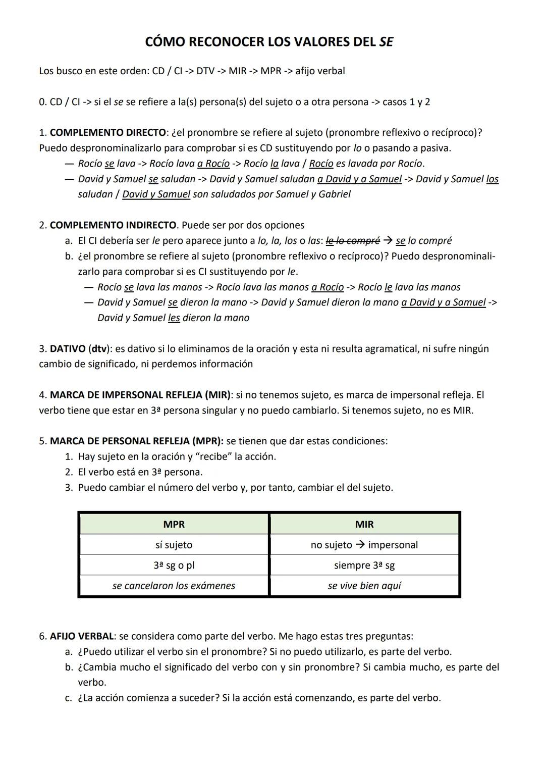 VALORES DEL SE
1. COMPLEMENTO INDIRECTO (CI): cuando aparece del CD pronominalizado (lo, la, los, las) sustituimos
el Cl por se para que no 
