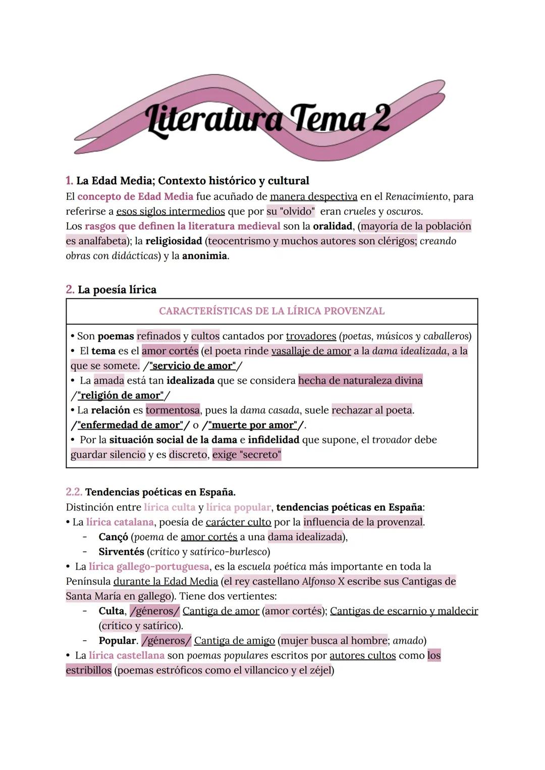 --- OCR Start ---
Literatura Tema 2
1. La Edad Media; Contexto histórico y cultural
El concepto de Edad Media fue acuñado de manera despecti