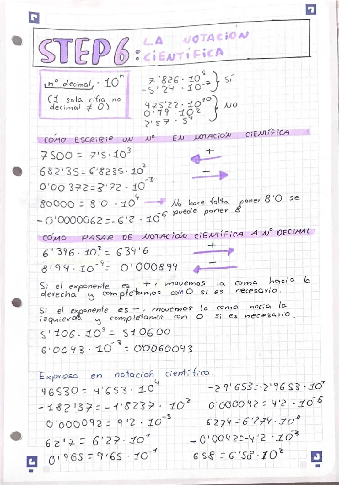 ## STEP 6: LA NOTACIÓN CIENTÍFICA

$10^n$ decimal, $10^n$
(1 sola cifra no
decimal $\neq$ 0)

$7'826 \cdot 10^{-5}$ Sí
$-5'24 \cdot 10^{-7}$
