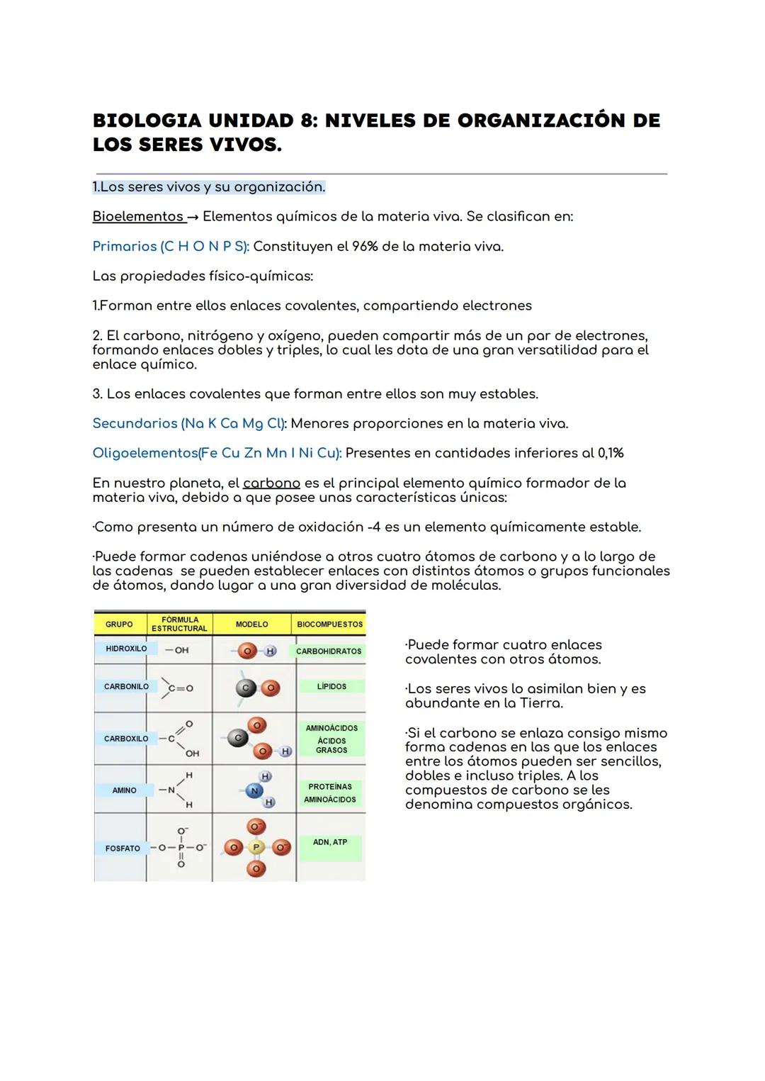 # BIOLOGIA UNIDAD 8: NIVELES DE ORGANIZACIÓN DE
LOS SERES VIVOS.

1.Los seres vivos y su organización.

Bioelementos → Elementos químicos de