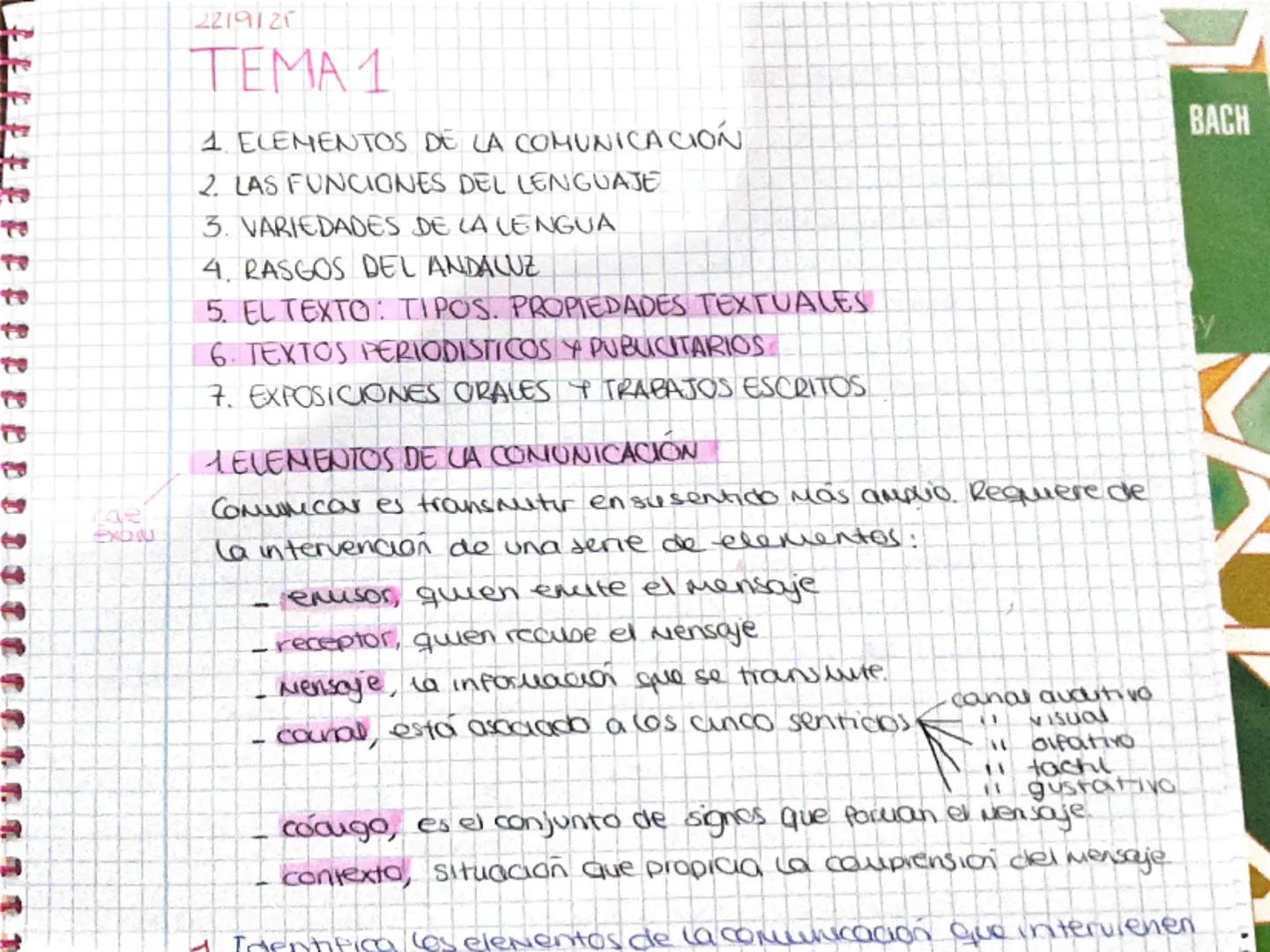 2219125

TEMA 1

1. ELEMENTOS DE LA COMUNICACIÓN
2. LAS FUNCIONES DEL LENGUAJE
3. VARIEDADES DE LA LENGUA
4. RASGOS DEL ANDALUZ
5. EL TEXTO: