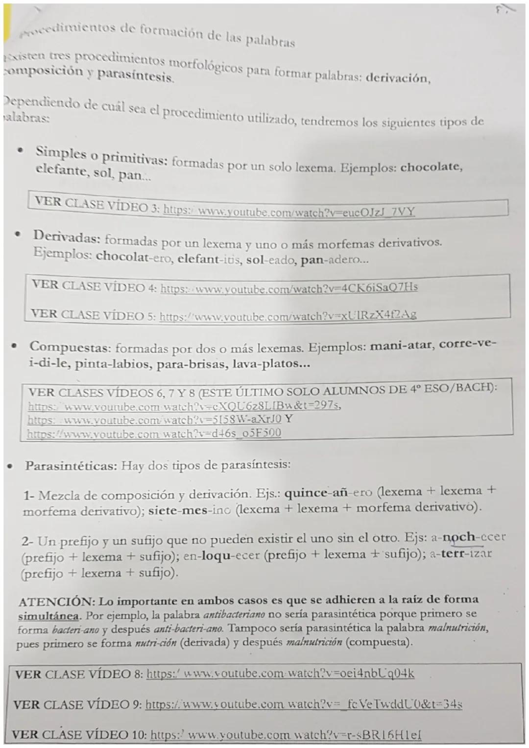 # Léxico: estructura interna de las palabras (lexemas y morfemas) y
procedimientos de formación (simples, derivadas, compuestas y parasintét