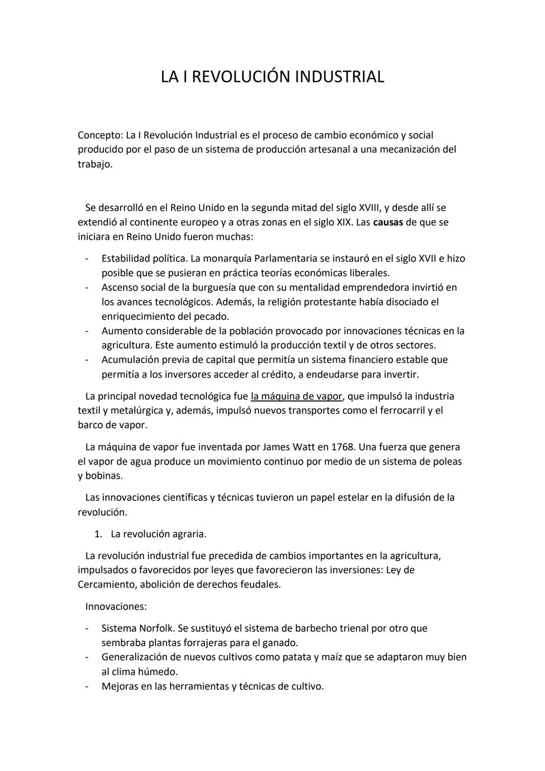 LA I REVOLUCIÓN INDUSTRIAL
Concepto: La I Revolución Industrial es el proceso de cambio económico y social
producido por el paso de un siste