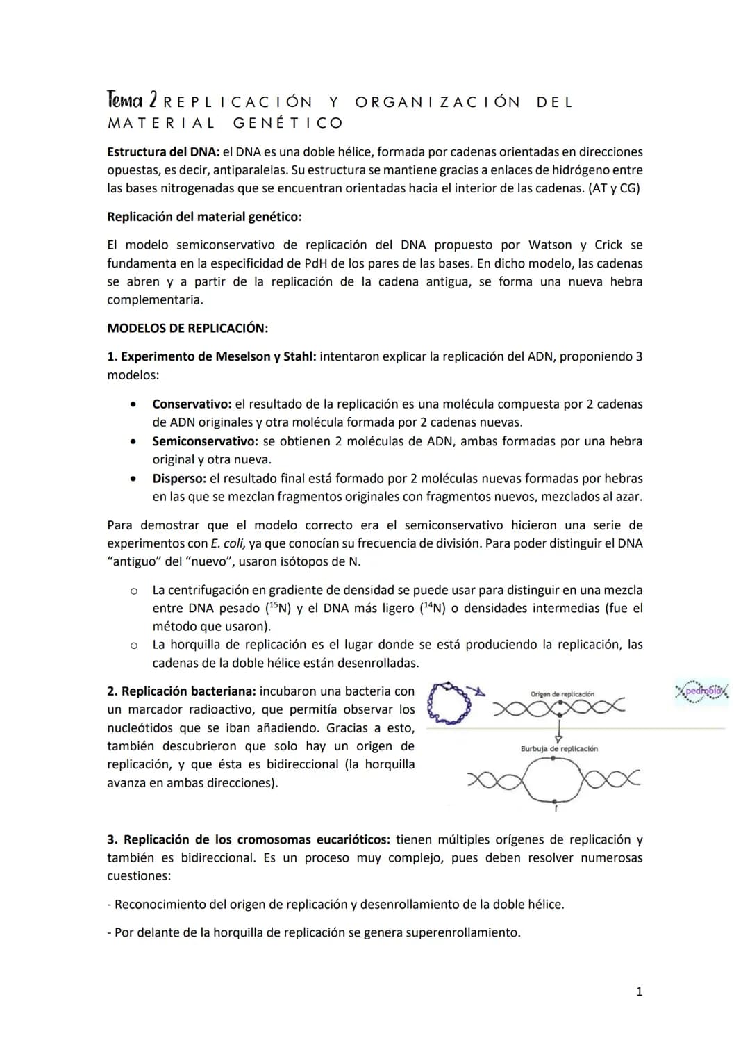 Tema 2 REPLICACIÓN Y ORGANIZACIÓN DEL
MATERIAL GENÉTICO
Estructura del DNA: el DNA es una doble hélice, formada por cadenas orientadas en di