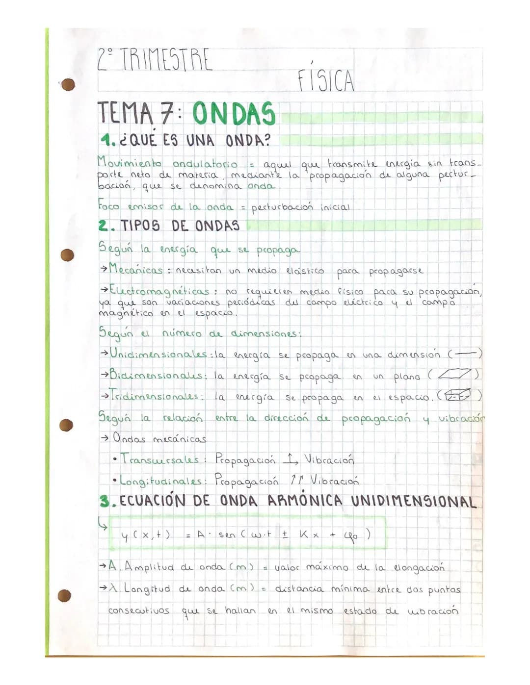 2° TRIMESTRE
TEMA 7: ONDAS
1. ¿QUE ES UNA ONDA?
Movimiento ondulatorio
porte neto de materia
bación, que se denomina onda
Foco emisor de la 
