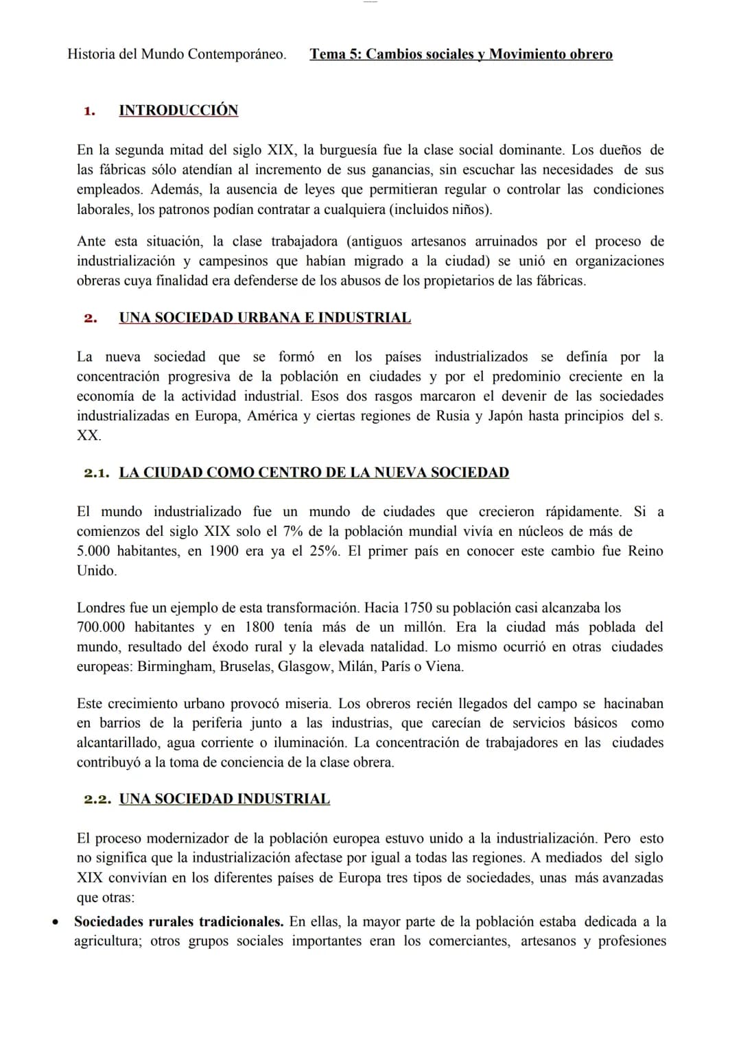 Historia del Mundo Contemporáneo. Tema 5: Cambios sociales y Movimiento obrero
INTRODUCCIÓN
En la segunda mitad del siglo XIX, la burguesía 