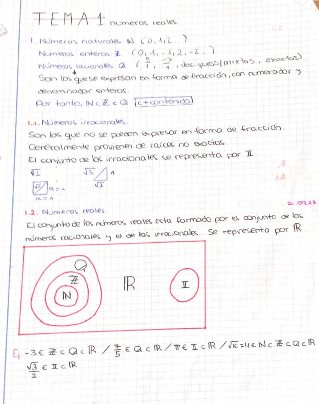 1
TEMA numeros reales.
1. Números naturales. N (0,1,2..)
Números enteros: Z CO, 1.1, 2.-2.)
Números racionales Q (17 dec puros/mixtos, exact