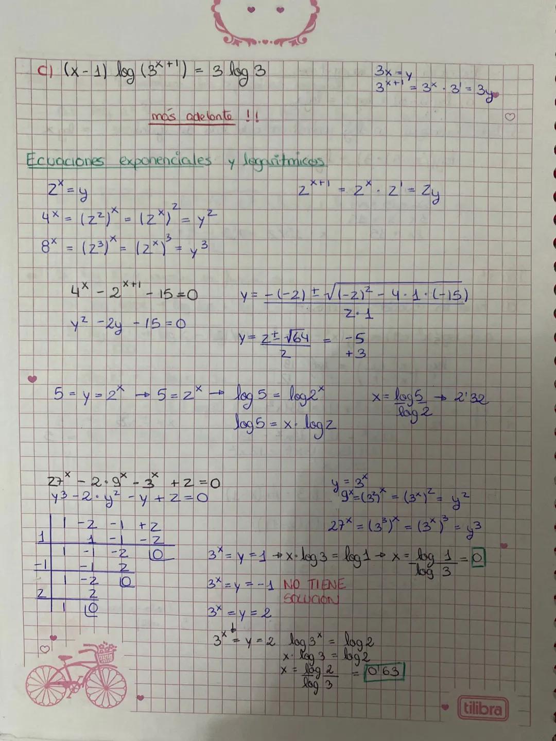 Ⓒ Ecuación con logaritmes
♥
a) log (x - 5) + log 3 = log x
log general
log|(x - 5)-3) = log x
Se trata de conseguir un
(x - 5) 3 = x
0
3x 15