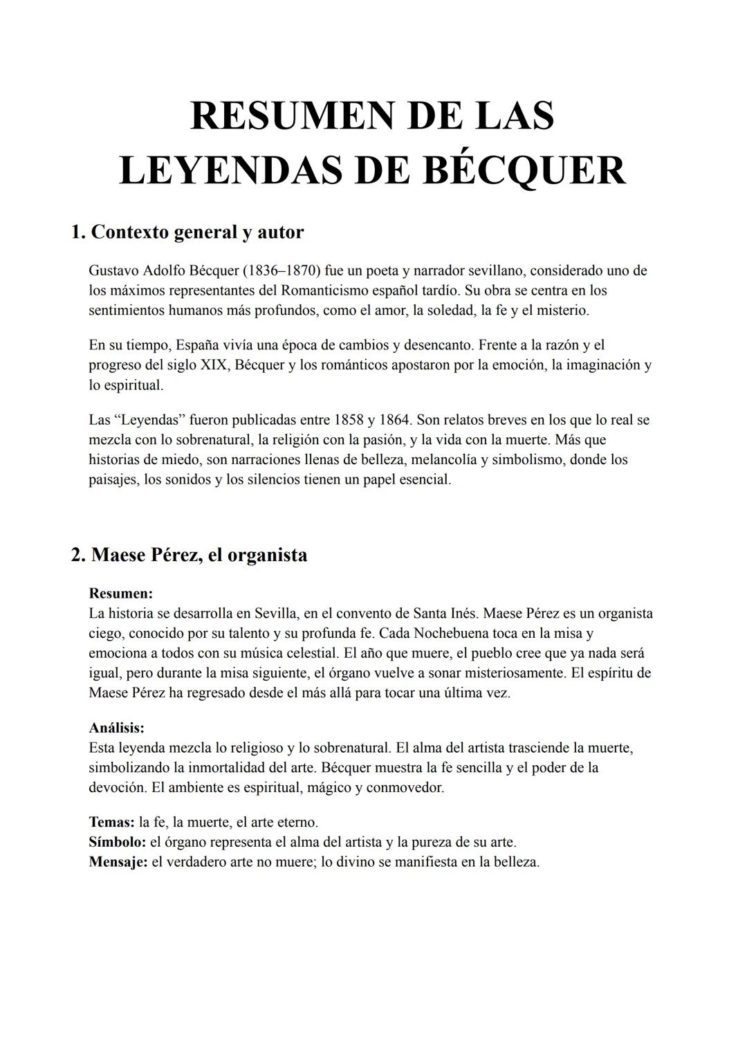 # RESUMEN DE LAS
# LEYENDAS DE BÉCQUER

1. Contexto general y autor

Gustavo Adolfo Bécquer (1836-1870) fue un poeta y narrador sevillano, c