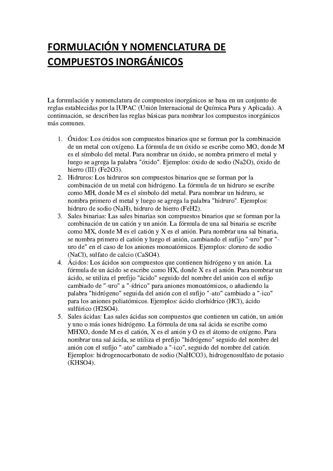 FORMULACIÓN Y NOMENCLATURA DE COMPUESTOS INORGÁNICOS