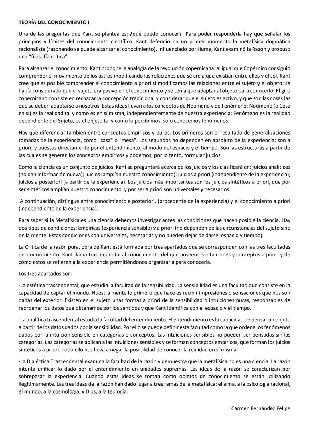 TEORÍA DEL CONOCIMIENTO I
Una de las preguntas que Kant se plantea es: ¿qué puedo conocer? Para poder responderla hay que señalar los
princi