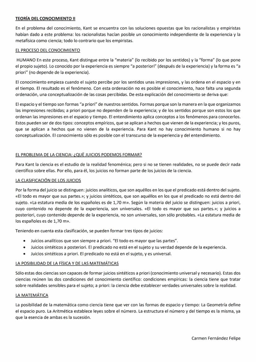 TEORÍA DEL CONOCIMIENTO I
Una de las preguntas que Kant se plantea es: ¿qué puedo conocer? Para poder responderla hay que señalar los
princi