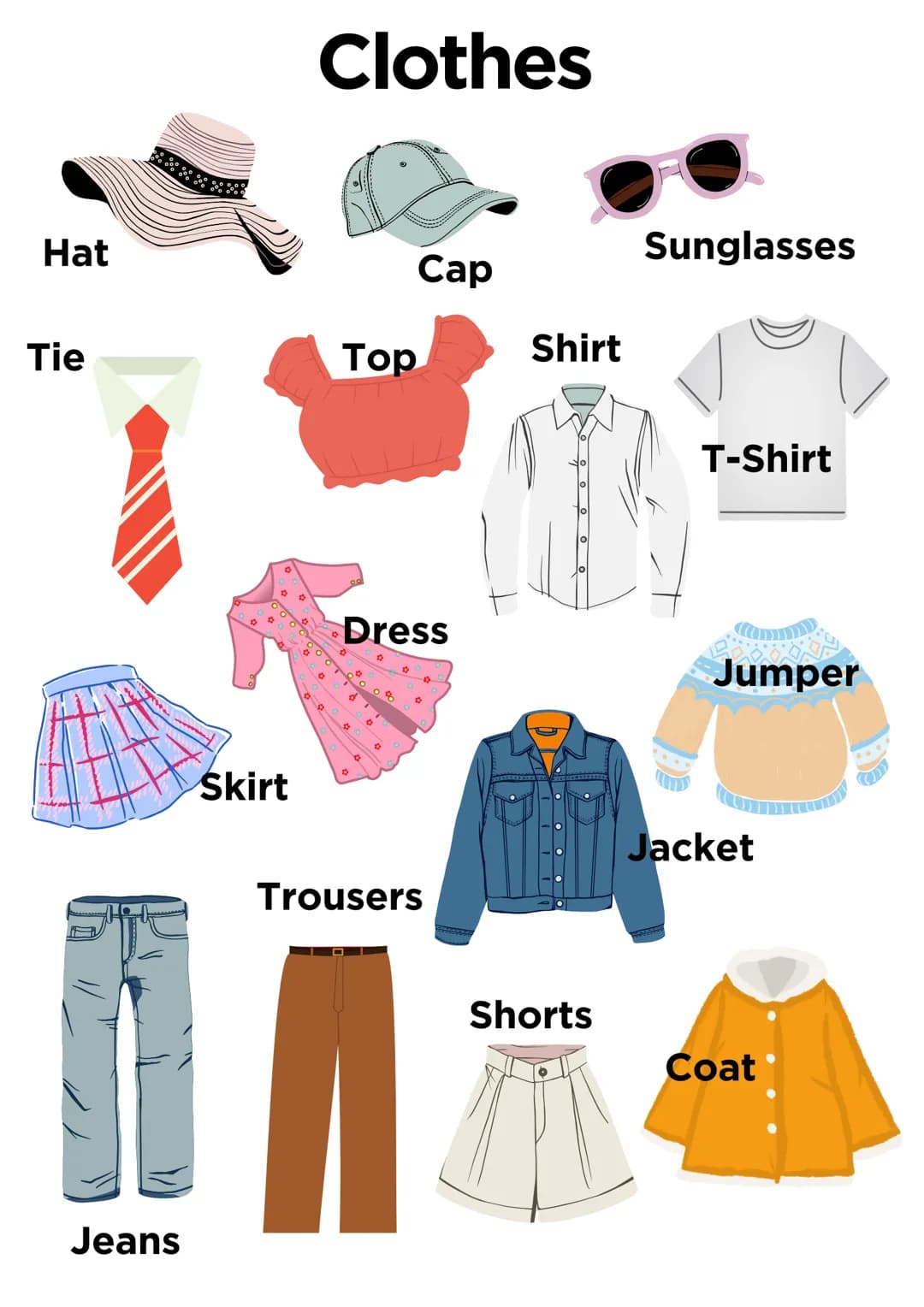 Hat
Tie
Skirt
[
Jeans
Clothes
Top
Dress
C
Cap
0
Trousers
Shirt
Shorts
Sunglasses
T-Shirt
a
Jumper
Jacket
Coat Hat
Tie
Skirt
[
Jeans
Clothes
