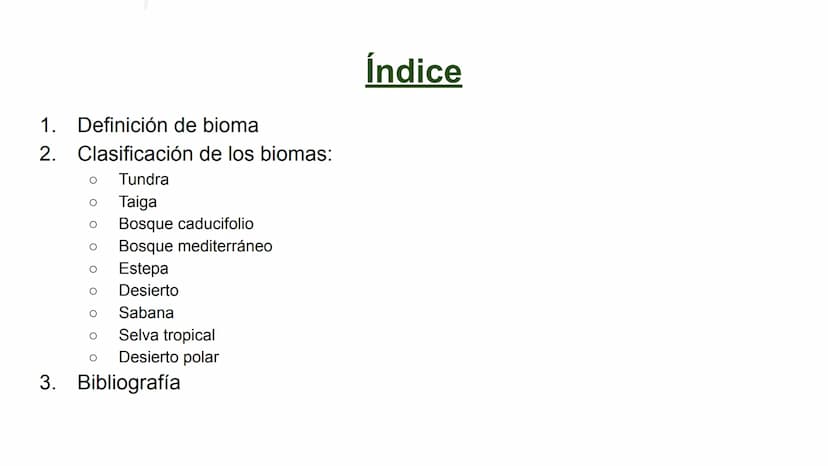 LOS BIOMAS 1. Definición de bioma
2. Clasificación de los biomas:
Tundra
Taiga
Bosque caducifolio
Bosque mediterráneo
Estepa
Desierto
Sabana