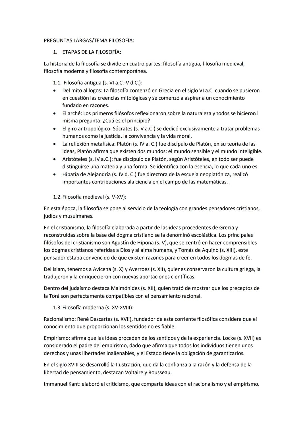 
<p>La historia de la filosofía se divide en cinco etapas: filosofía antigua, filosofía medieval, filosofía moderna, filosofía contemporánea