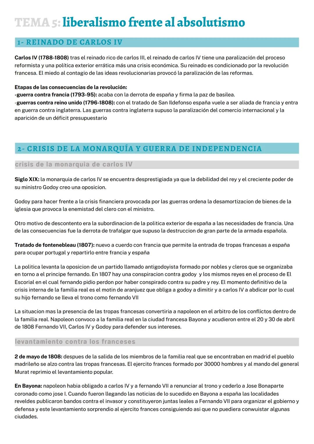 --- OCR Start ---
TEMA 5: liberalismo frente al absolutismo
1- REINADO DE CARLOS IV
Carlos IV (1788-1808) tras el reinado rico de carlos III