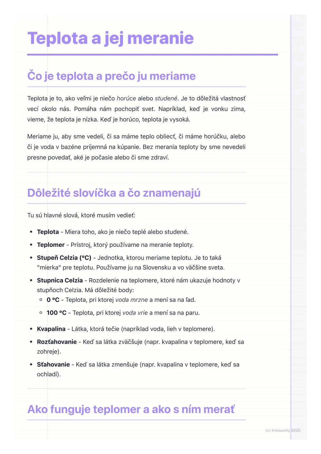 # Teplota a jej meranie

## Čo je teplota a prečo ju meriame

Teplota je to, ako veľmi je niečo horúce alebo studené. Je to dôležitá vlastno