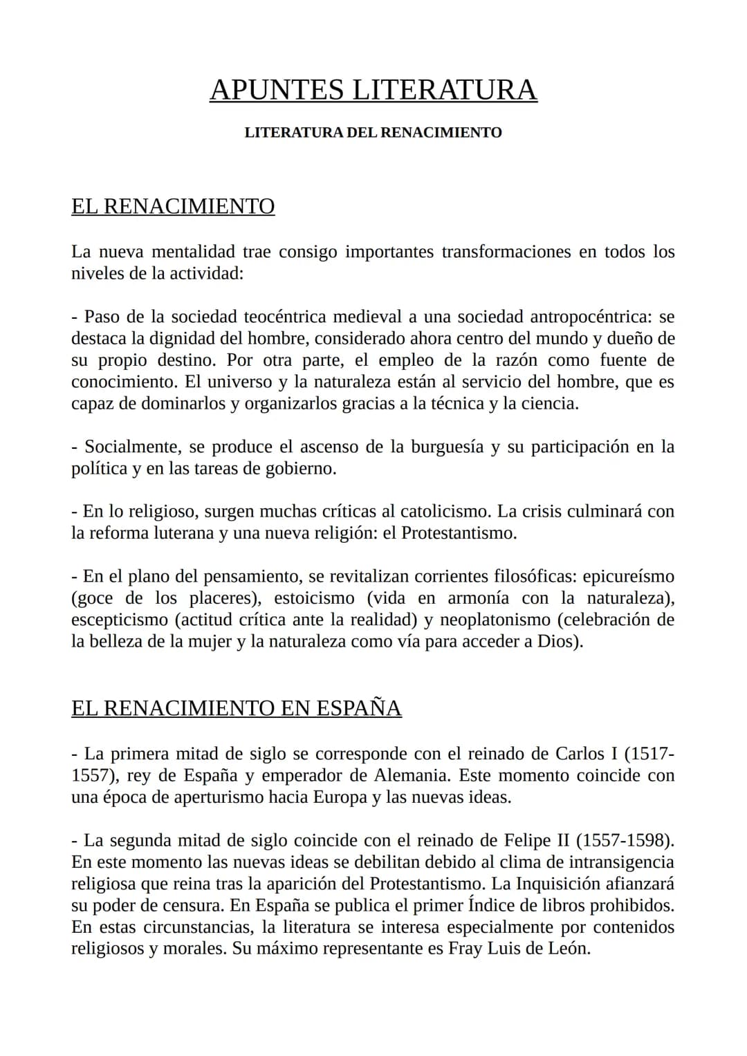 APUNTES LITERATURA
LITERATURA DEL RENACIMIENTO
EL RENACIMIENTO
La nueva mentalidad trae consigo importantes transformaciones en todos los
ni