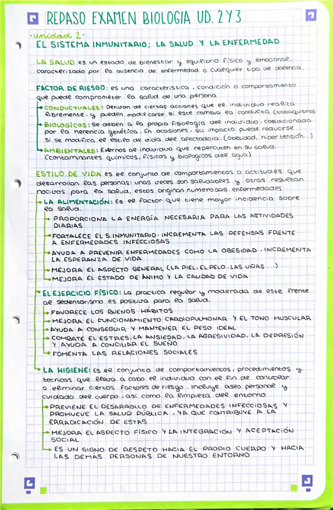 # REPASO EXAMEN BIOLOGIA UD. 2Y3

- unidad. 2.

EL SISTEMA INMUNITARIO; LA SALUD Y LA ENFERMEDAD

LA SALUD es un estado de bienestar y equil