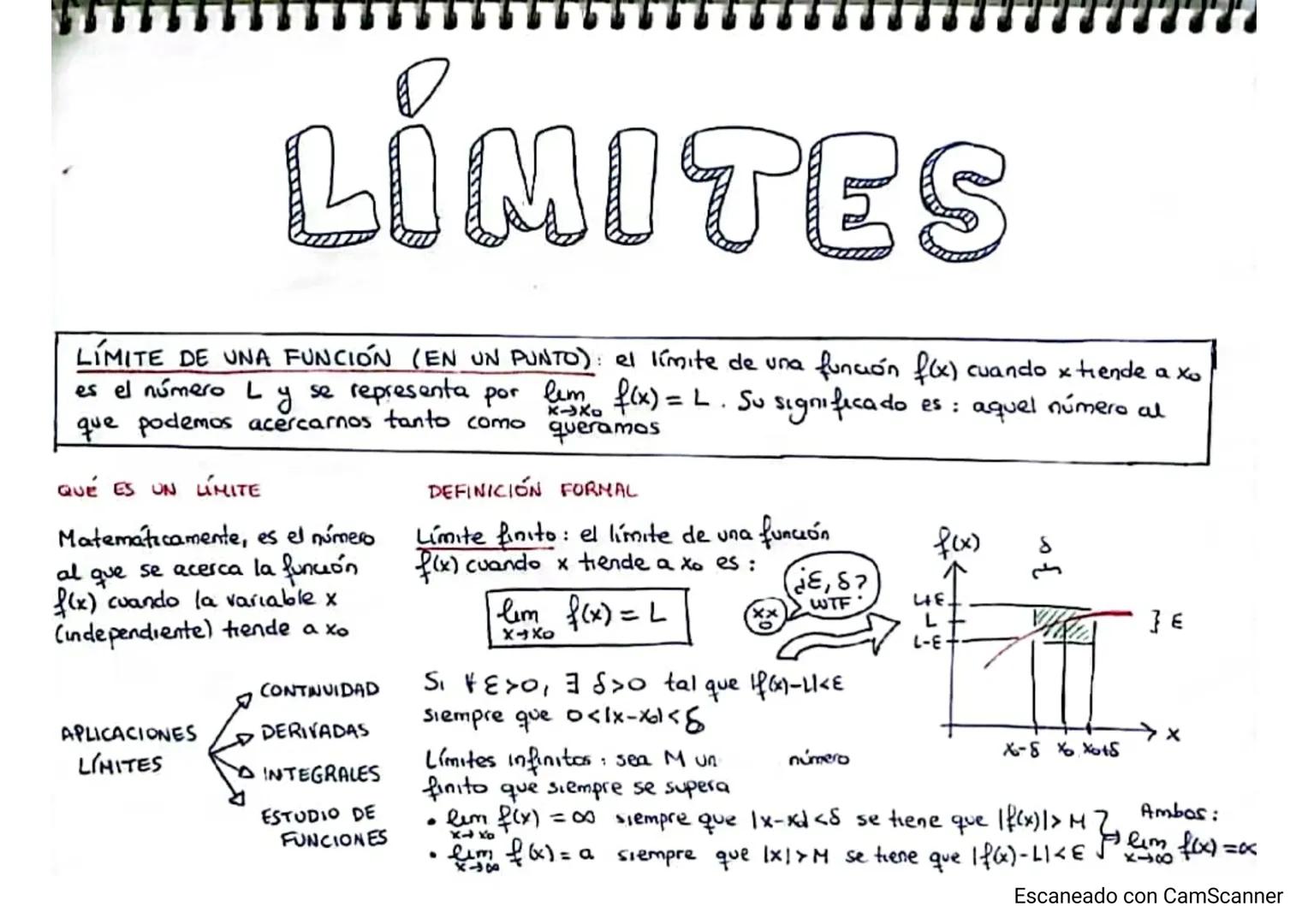 LÍMITES
LÍMITE DE UNA FUNCIÓN (EN UN PUNTO): el límite de una función f(x) cuando x tiende a xo
es el número L y se representa por lim f(x) 