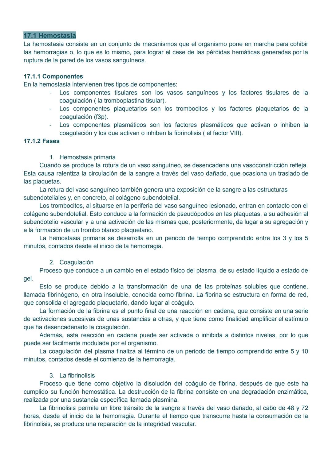 # 17.1 Hemostasia
La hemostasia consiste en un conjunto de mecanismos que el organismo pone en marcha para cohibir
las hemorragias o, lo que