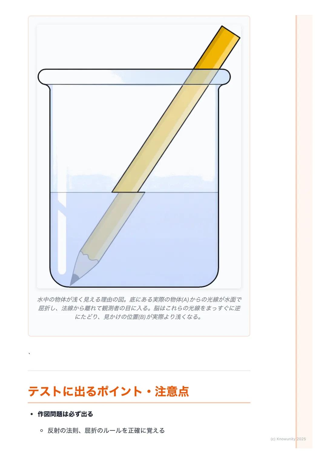 # 光の進み方

## 光の進み方の基本

光は、太陽や電球などの光源から出て、まわりのものに当たって私たちの目に届
く光には3つの大事な性質がある

1. まっすぐ進む(直進)
2. はね返る(反射)
3. 曲がる (屈折)

この3つの性質を理解することが、テストで点をとるカ