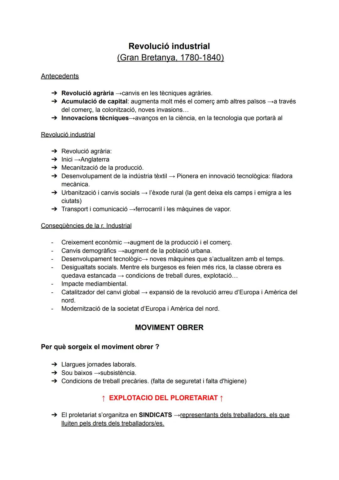 Antecedents
Revolució industrial
(Gran Bretanya, 1780-1840)
→ Revolució agrària →canvis en les tècniques agràries.
→ Acumulació de capital: 