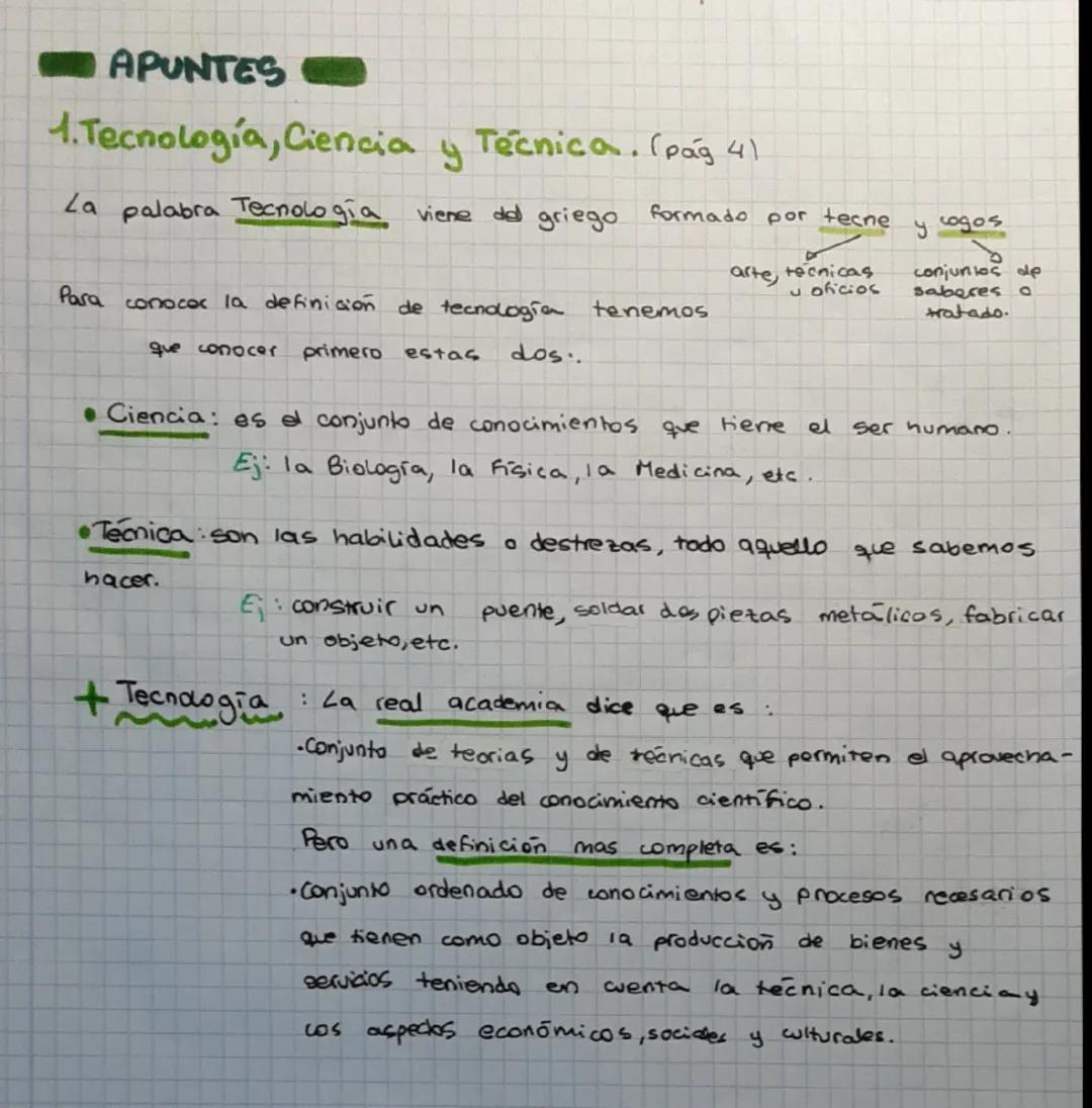 APUNTES

1. Tecnología, Ciencia y Técnica. (pág 41

La palabra Tecnologia viene del griego formado por tecne y cogos

Para conocer la defini