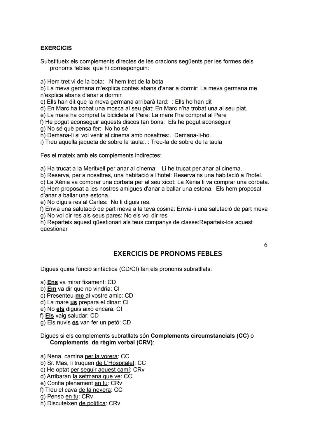 EXERCICIS
Substitueix els complements directes de les oracions següents per les formes dels
pronoms febles que hi corresponguin:
a) Hem tret