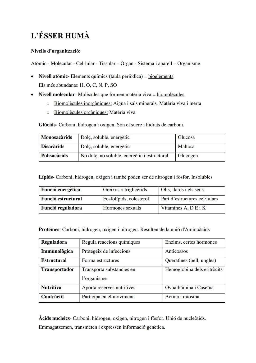 L'ÉSSER HUMÀ
Nivells d'organització:
Atòmic - Molecular - Cel·lular - Tissular - Òrgan - Sistema i aparell - Organisme
Nivell atòmic- Elemen