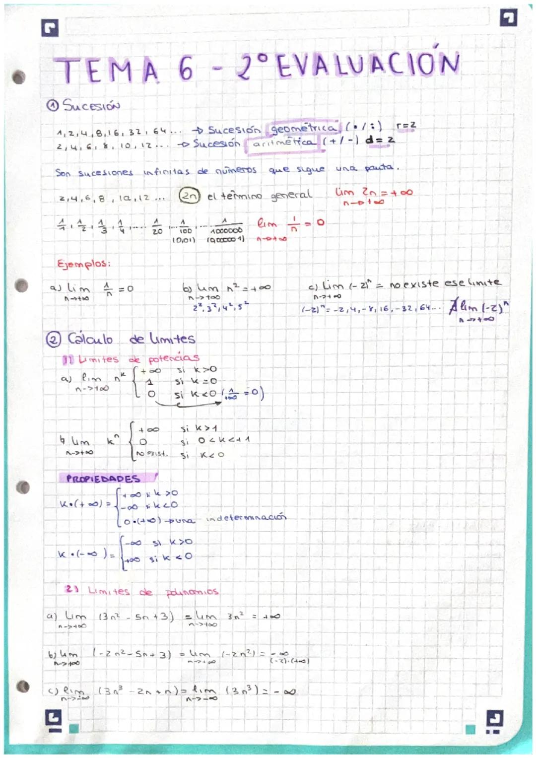 r
TEMA 6 2° EVALUACION
ⒸSUCESIÓN
1, 2, 4, 8, 16, 32, 64... Sucesión geométrica (/:)
2, 4, 6, 8, 10, 12 ... Sucesión aritmética (+/-) d=z
Son