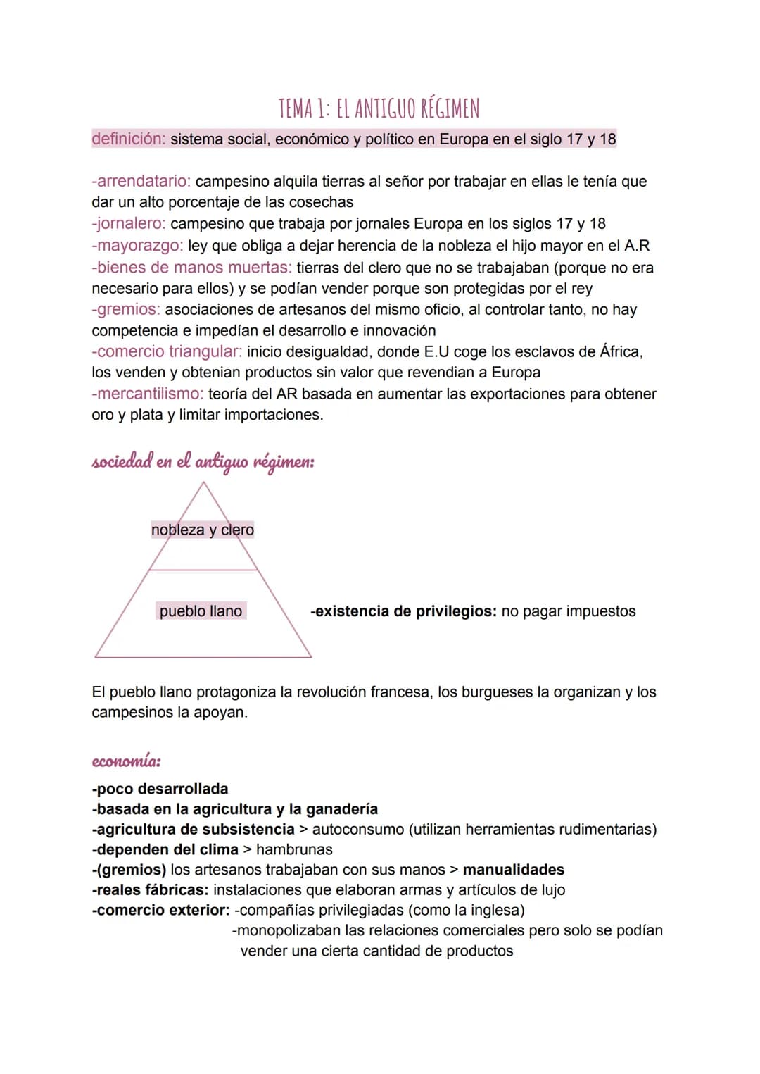 TEMA 1: EL ANTIGUO RÉGIMEN
definición: sistema social, económico y político en Europa en el siglo 17 y 18
-arrendatario: campesino alquila t