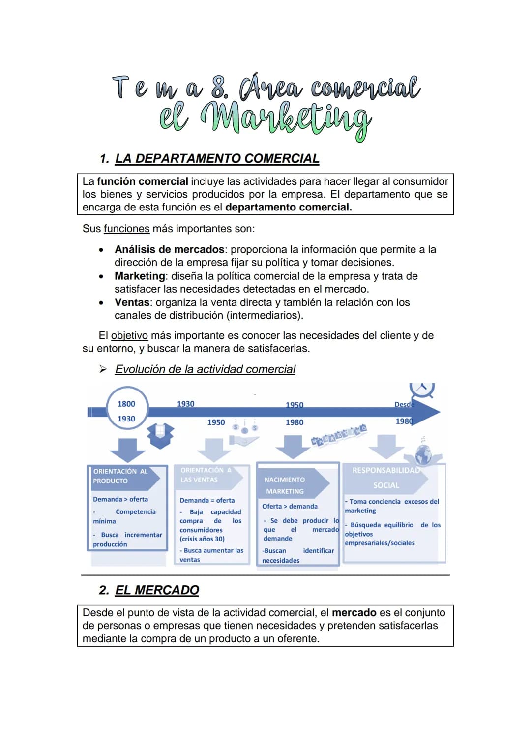 1. LA DEPARTAMENTO COMERCIAL
La función comercial incluye las actividades para hacer llegar al consumidor
los bienes y servicios producidos 