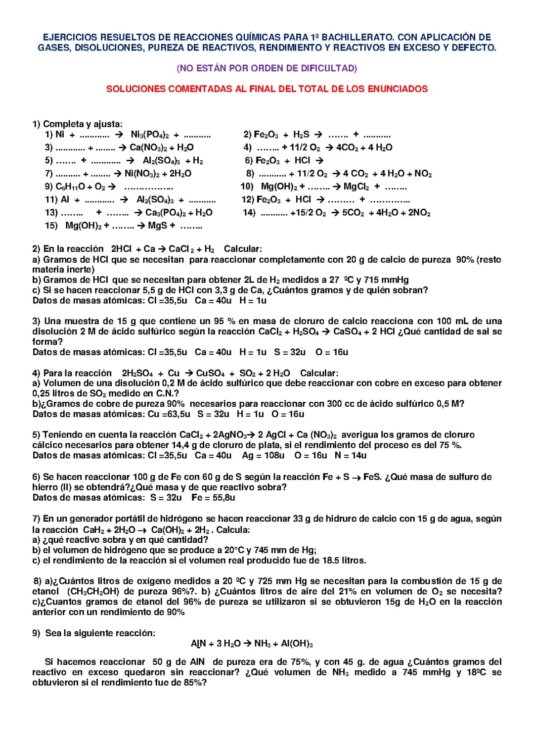 Ejercicios Resueltos de Reacciones Químicas para 1º Bachillerato