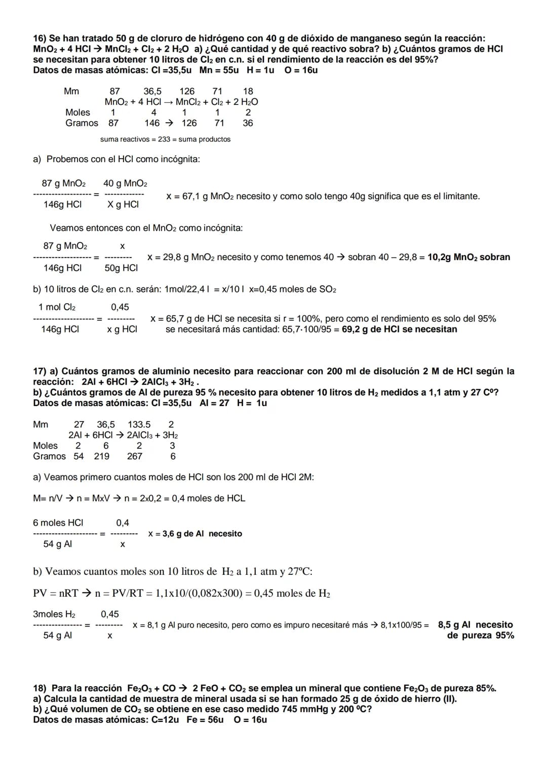 EJERCICIOS RESUELTOS DE REACCIONES QUÍMICAS PARA 1º BACHILLERATO. CON APLICACIÓN DE
GASES, DISOLUCIONES, PUREZA DE REACTIVOS, RENDIMIENTO Y 