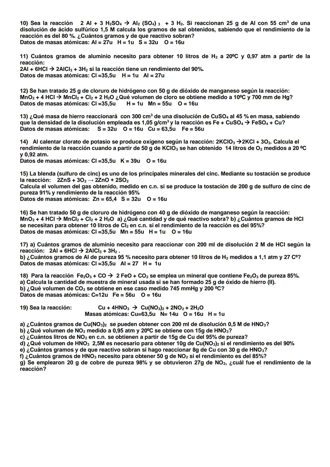EJERCICIOS RESUELTOS DE REACCIONES QUÍMICAS PARA 1º BACHILLERATO. CON APLICACIÓN DE
GASES, DISOLUCIONES, PUREZA DE REACTIVOS, RENDIMIENTO Y 
