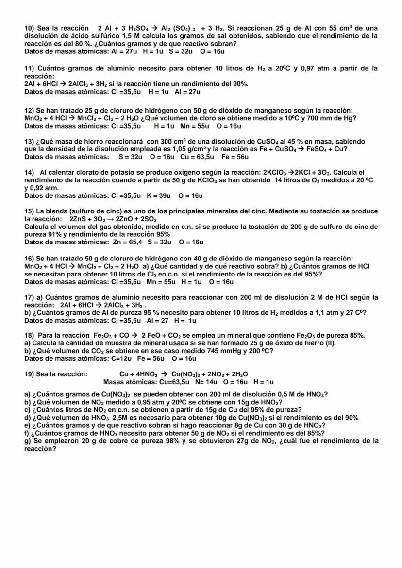 EJERCICIOS RESUELTOS DE REACCIONES QUÍMICAS PARA 1º BACHILLERATO. CON APLICACIÓN DE
GASES, DISOLUCIONES, PUREZA DE REACTIVOS, RENDIMIENTO Y 
