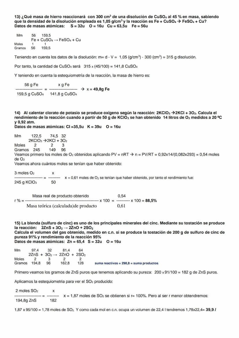 EJERCICIOS RESUELTOS DE REACCIONES QUÍMICAS PARA 1º BACHILLERATO. CON APLICACIÓN DE
GASES, DISOLUCIONES, PUREZA DE REACTIVOS, RENDIMIENTO Y 